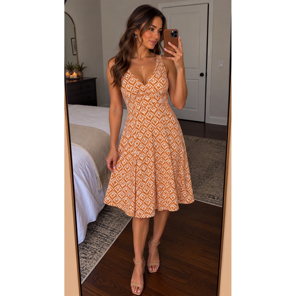 New York & Company Orange White Geometric Ikat V-Neck A-Line Dress Sz XS Kids L